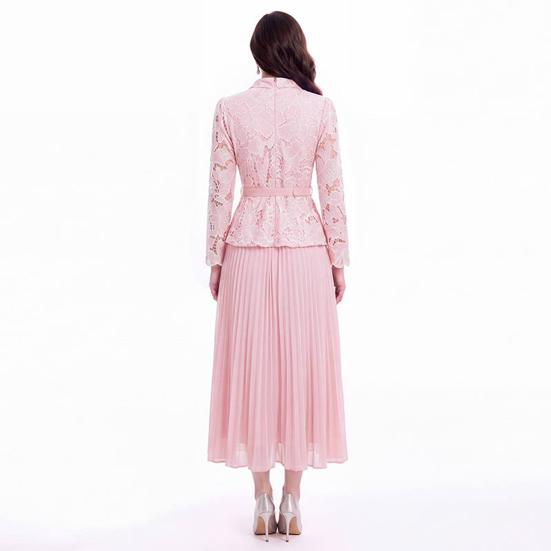 Lace embroidery France style long high waist dress