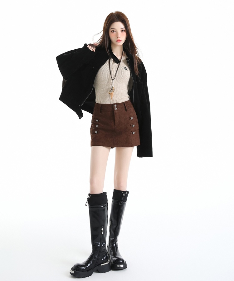 High waist culottes leather cashmere skirt for women