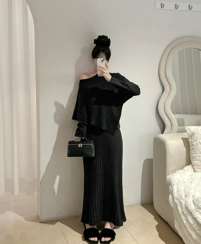 High waist knitted tops slim Korean style cloak 2pcs set