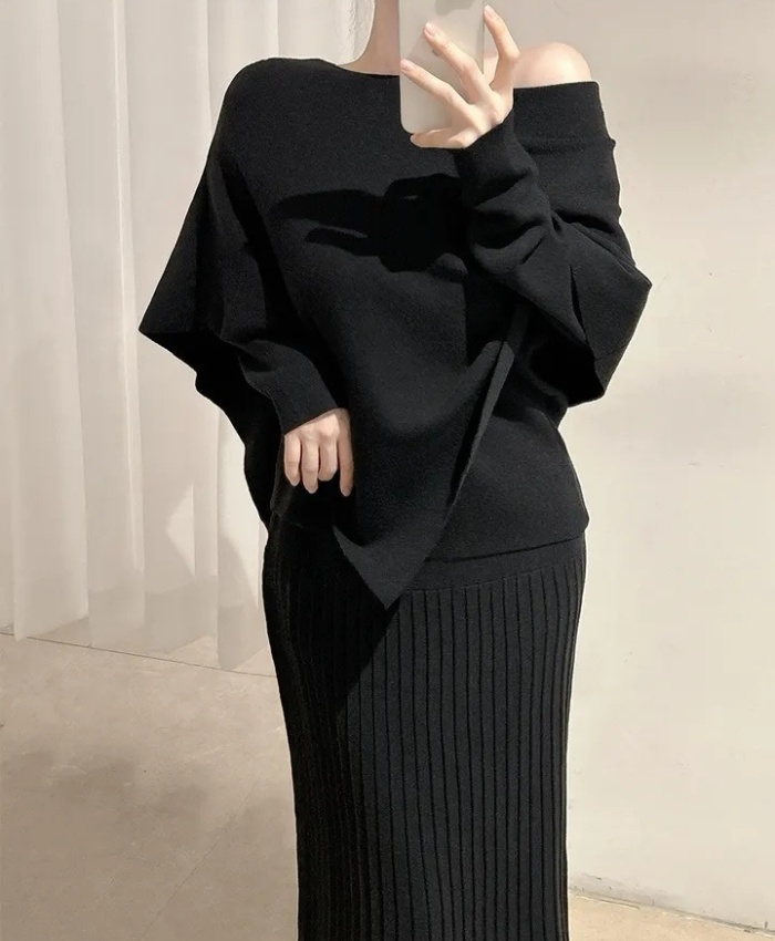 High waist knitted tops slim Korean style cloak 2pcs set