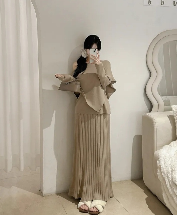 High waist knitted tops slim Korean style cloak 2pcs set