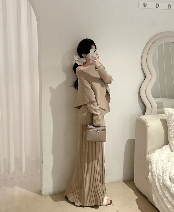 High waist knitted tops slim Korean style cloak 2pcs set