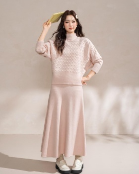 Pinched waist half high collar skirt lazy sweater 2pcs set