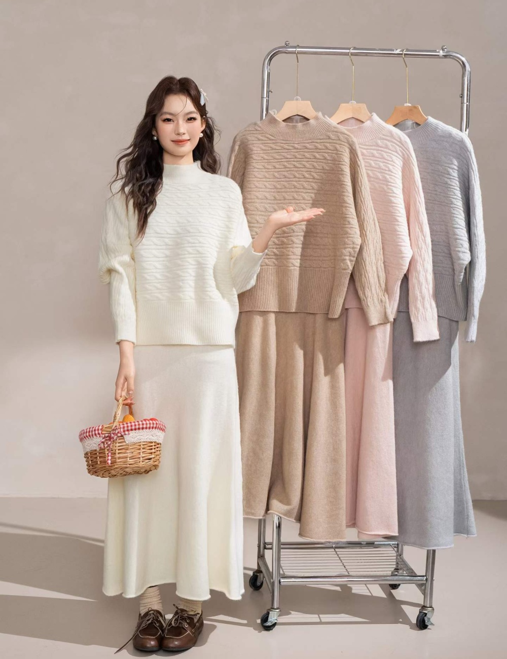 Pinched waist half high collar skirt lazy sweater 2pcs set