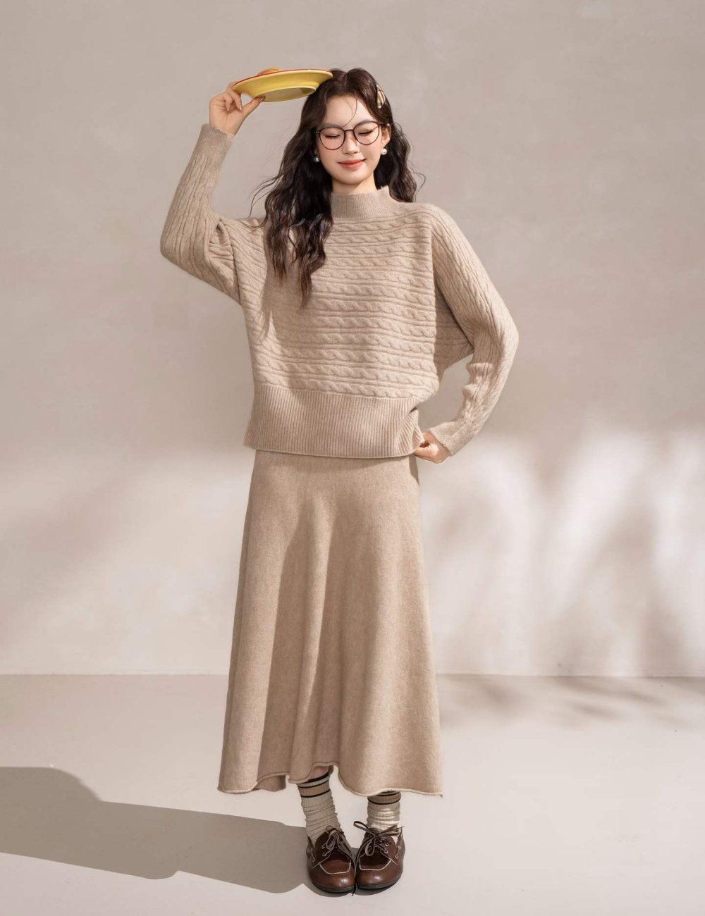 Pinched waist half high collar skirt lazy sweater 2pcs set