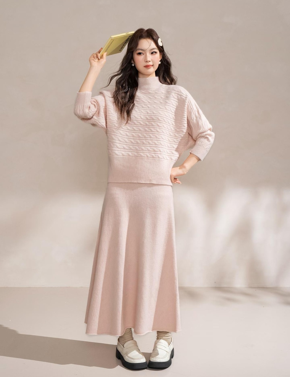 Pinched waist half high collar skirt lazy sweater 2pcs set