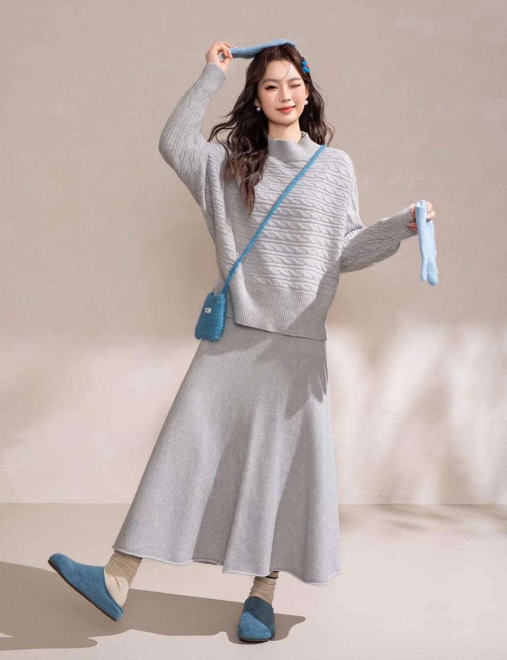 Pinched waist half high collar skirt lazy sweater 2pcs set