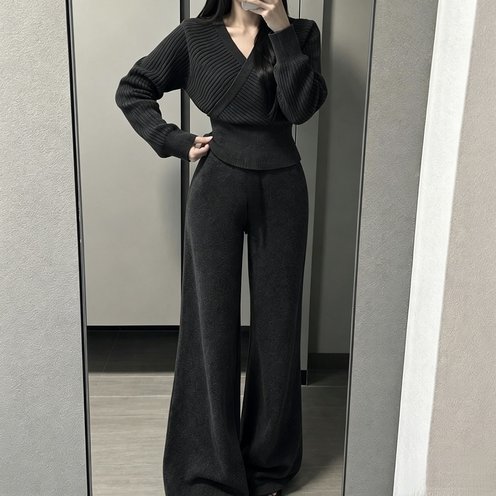 Sexy straight long pants cross France style tops 2pcs set