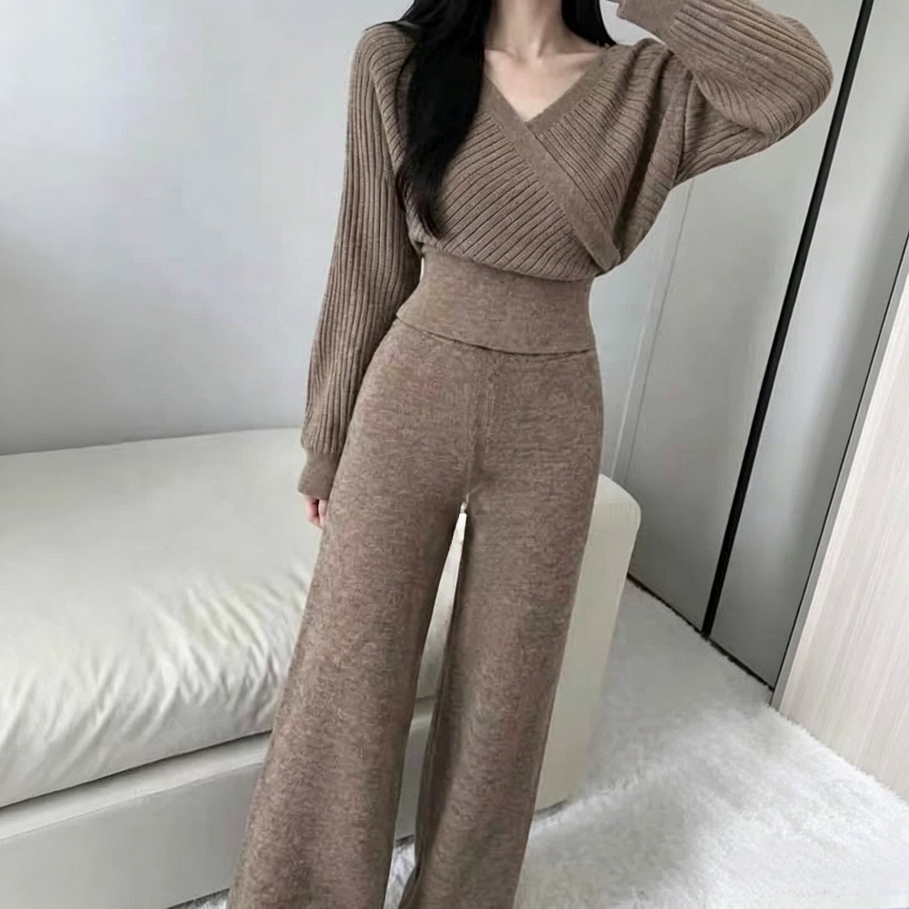 Sexy straight long pants cross France style tops 2pcs set