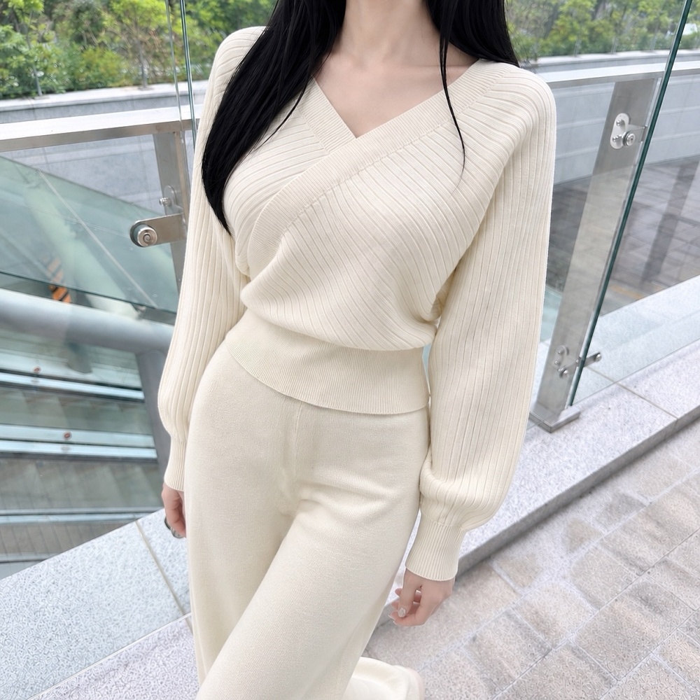 Sexy straight long pants cross France style tops 2pcs set