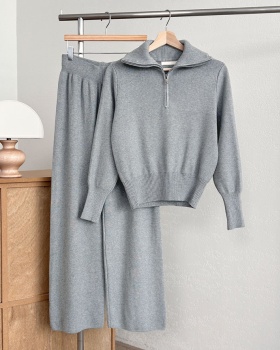Lapel lazy sweater Korean style zip casual pants 2pcs set