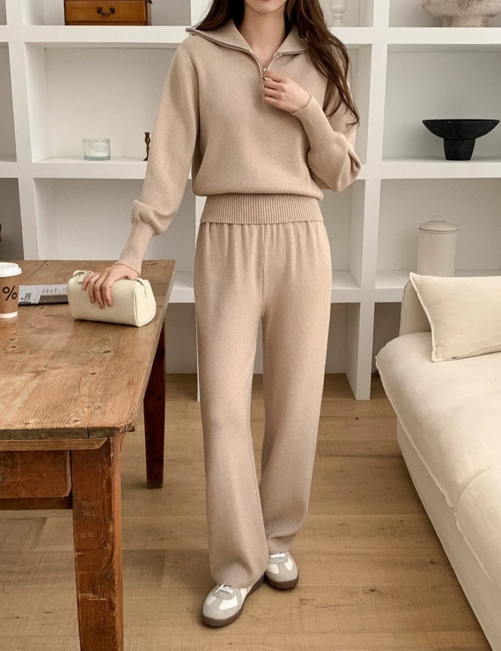 Lapel lazy sweater Korean style zip casual pants 2pcs set