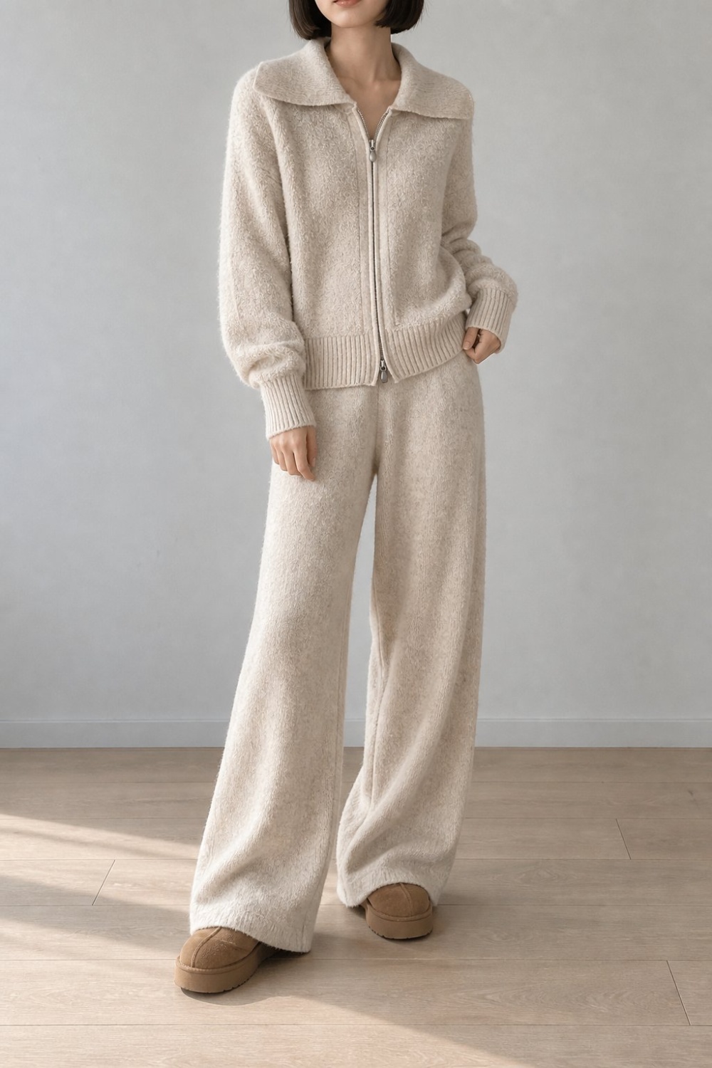 Knitted fashion coat large lapel cardigan 2pcs set