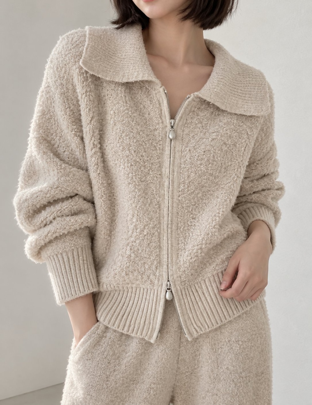 Knitted fashion coat large lapel cardigan 2pcs set