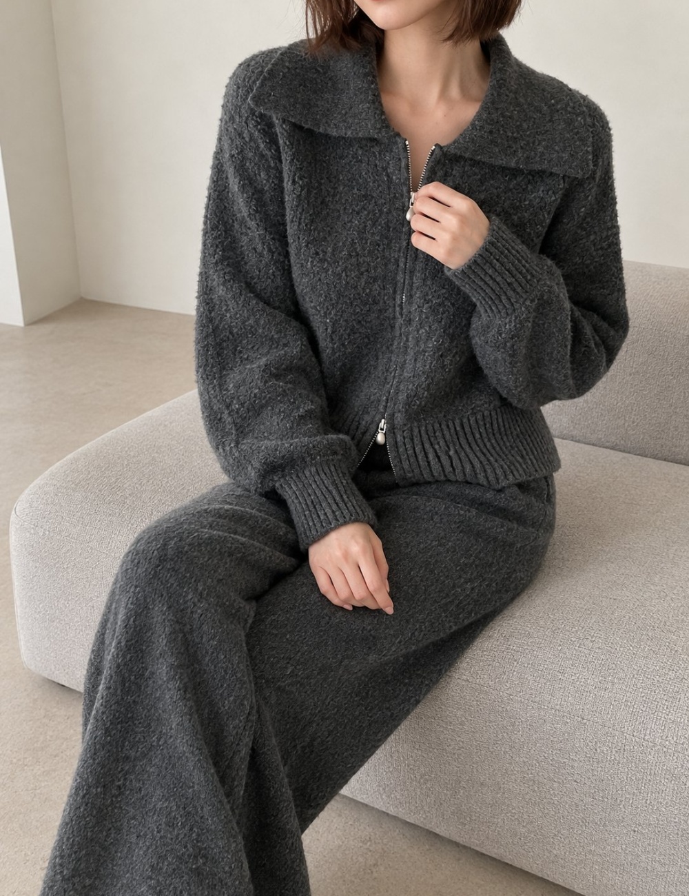Knitted fashion coat large lapel cardigan 2pcs set