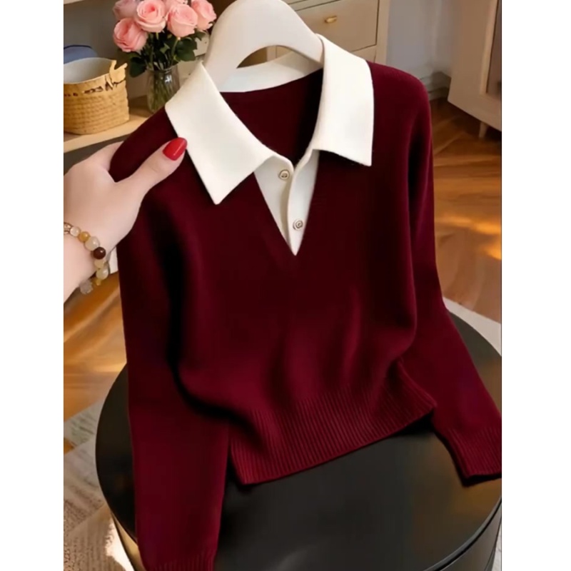 V-neck pullover red mixed colors sweater for women