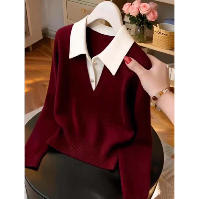 V-neck pullover red mixed colors sweater for women