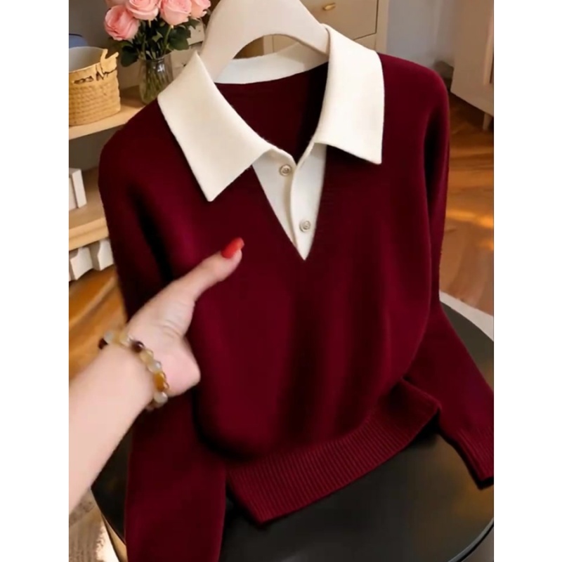 V-neck pullover red mixed colors sweater for women