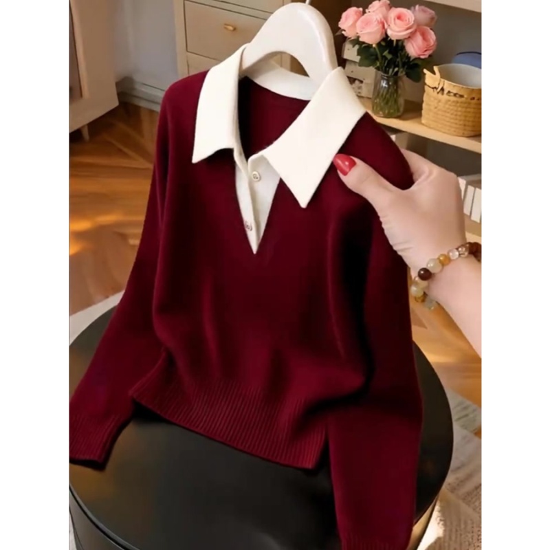 V-neck pullover red mixed colors sweater for women