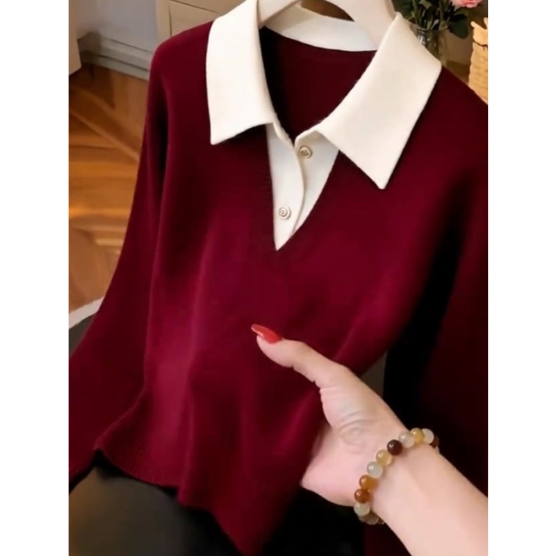 V-neck pullover red mixed colors sweater for women