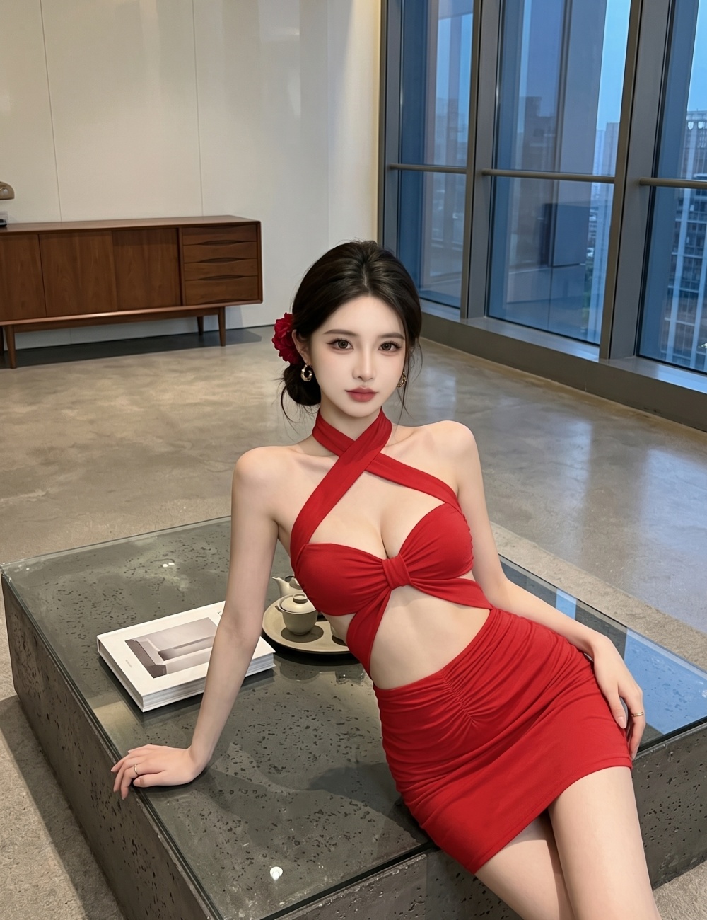 European style red formal dress nightclub dress for women
