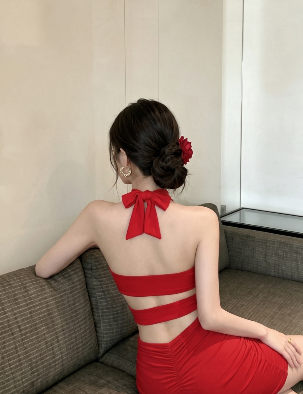 European style red formal dress nightclub dress for women