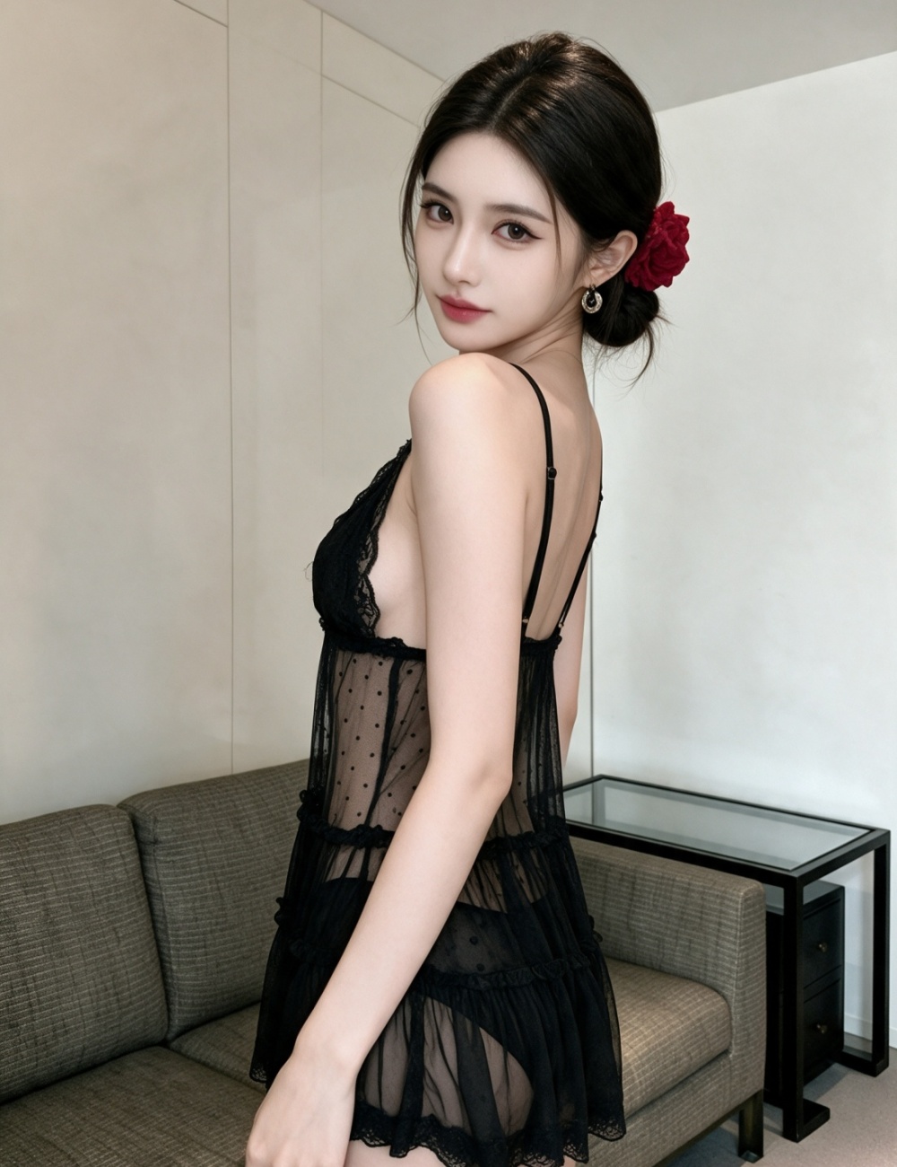 V-neck halter perspective night dress sexy black dress
