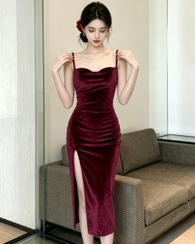 Temperament wine-red formal dress sexy velvet dress