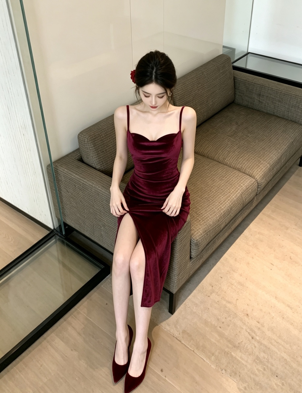 Temperament wine-red formal dress sexy velvet dress