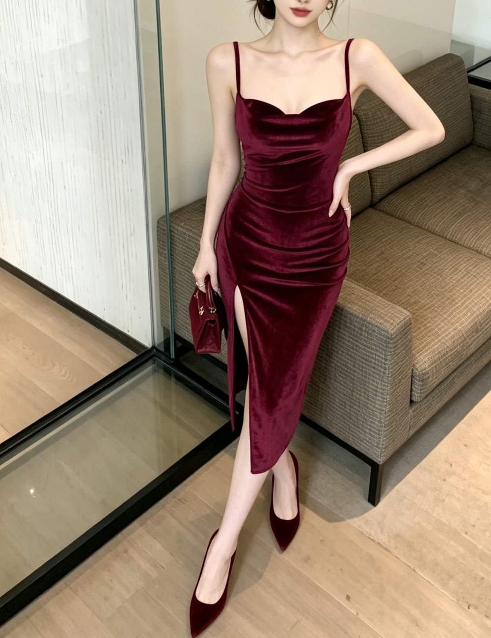 Temperament wine-red formal dress sexy velvet dress