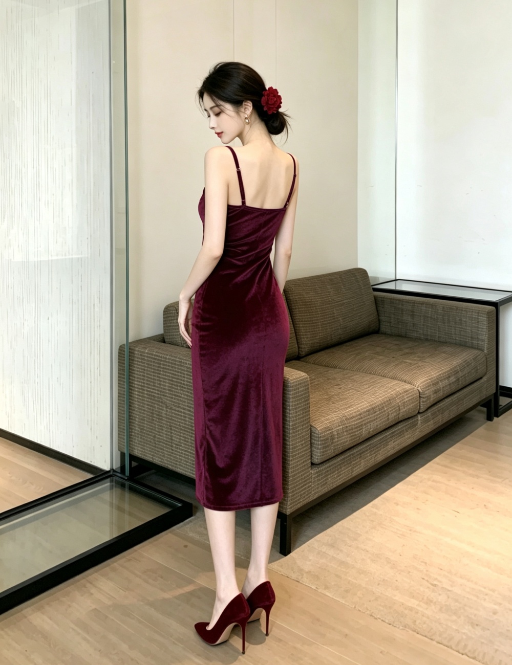 Temperament wine-red formal dress sexy velvet dress