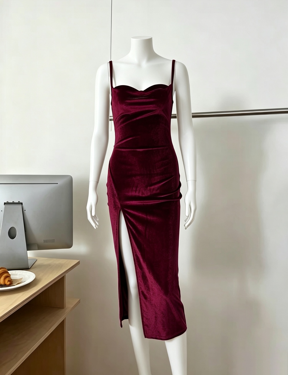Temperament wine-red formal dress sexy velvet dress