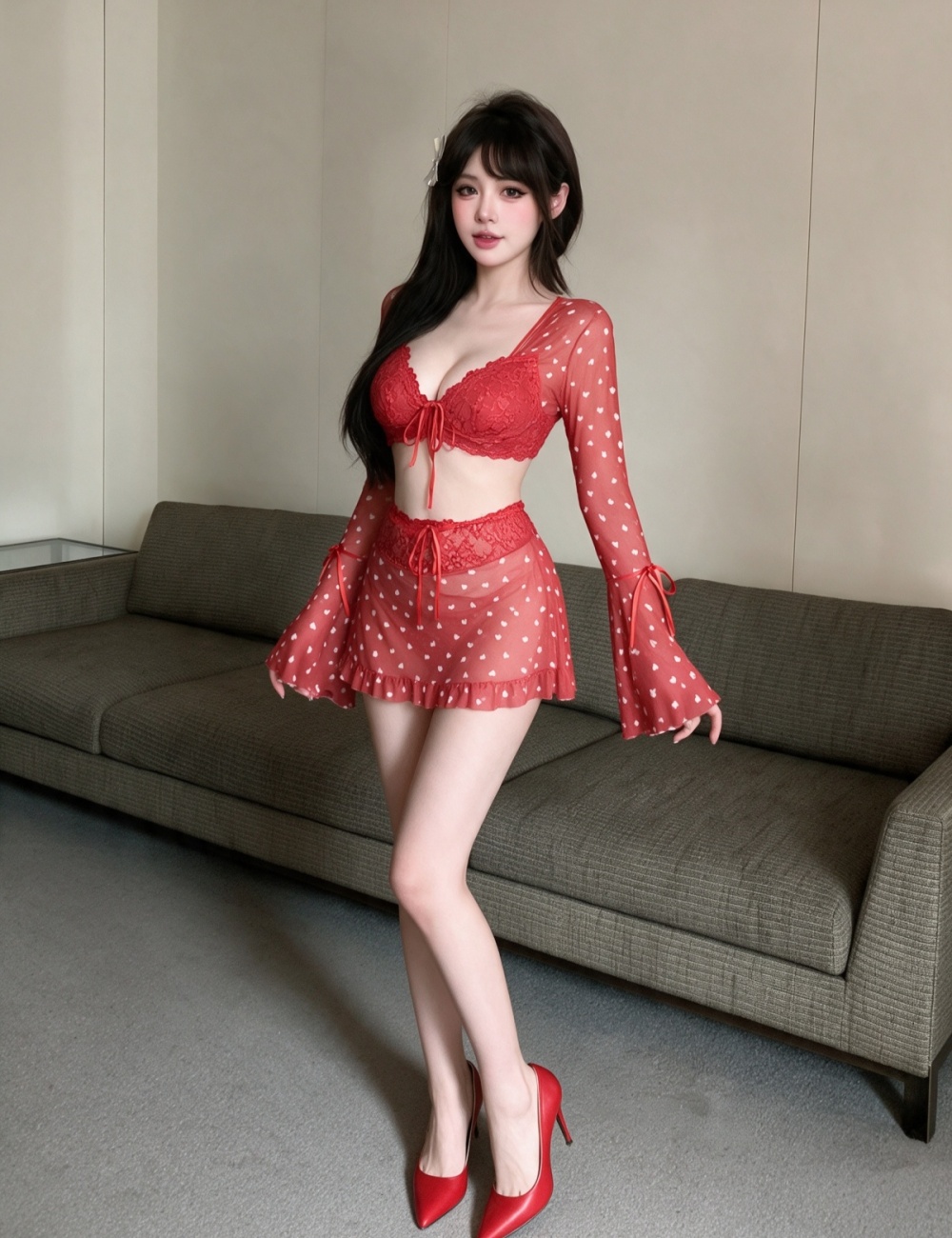Perspective low-cut skirt sexy trumpet sleeves tops 2pcs set