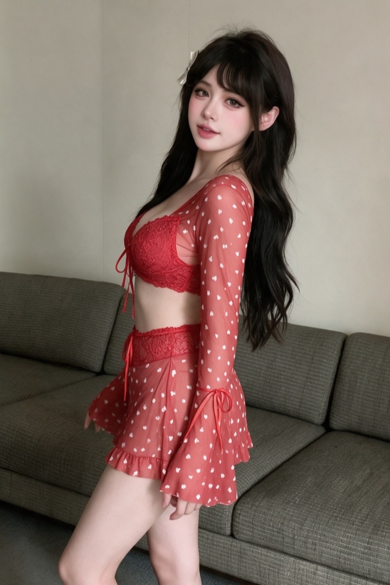 Perspective low-cut skirt sexy trumpet sleeves tops 2pcs set