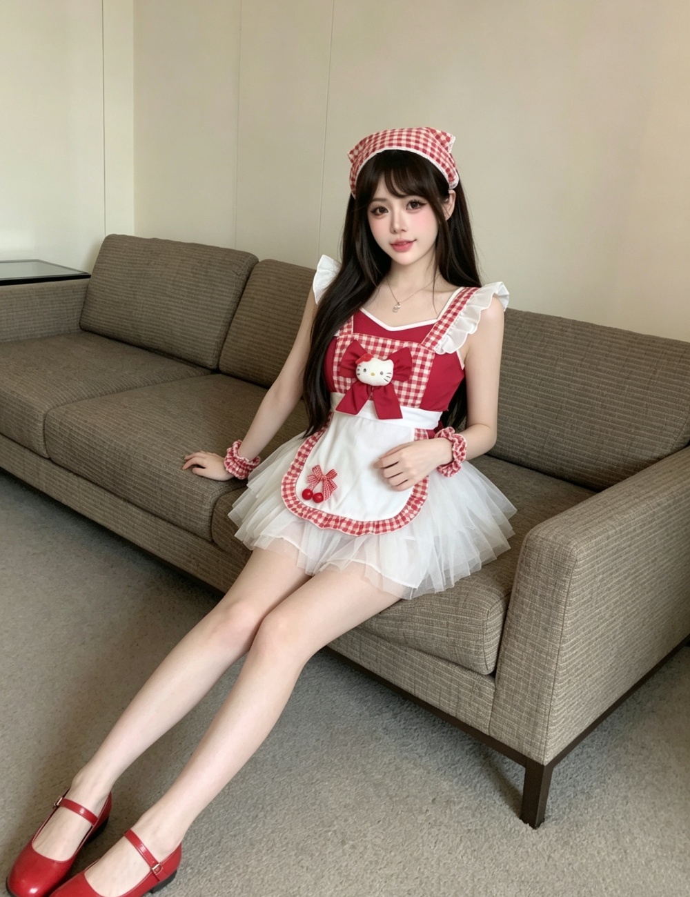 Lovely apron tops sexy maid puff skirt a set for women