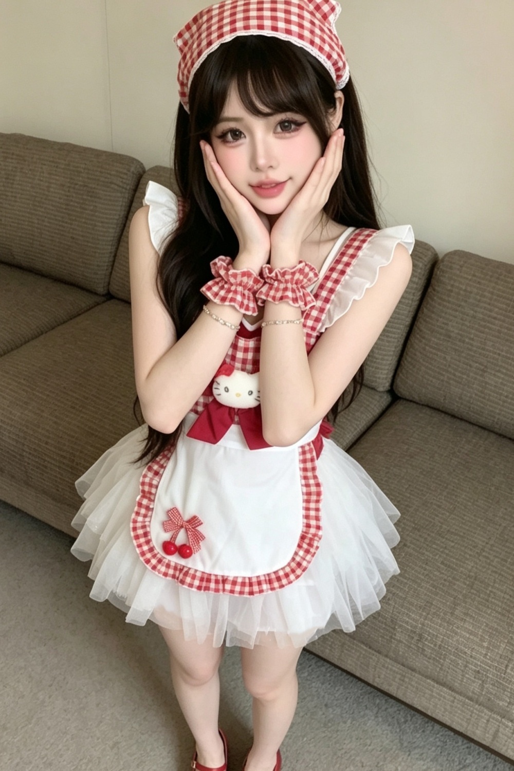 Lovely apron tops sexy maid puff skirt a set for women