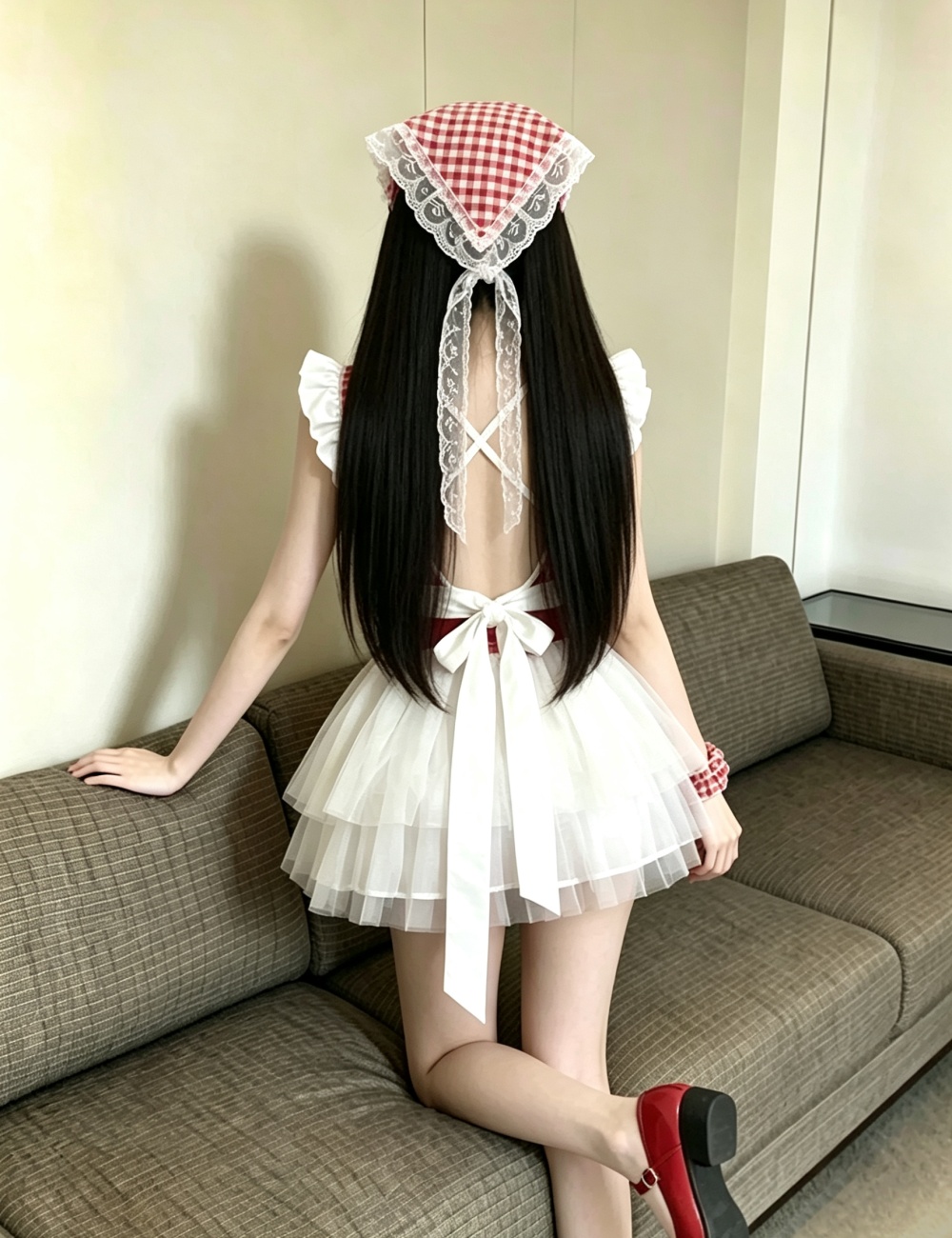 Lovely apron tops sexy maid puff skirt a set for women