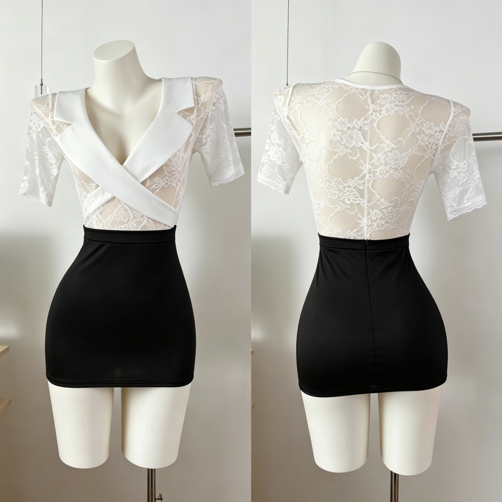 Lace temperament white enticement perspective splice dress
