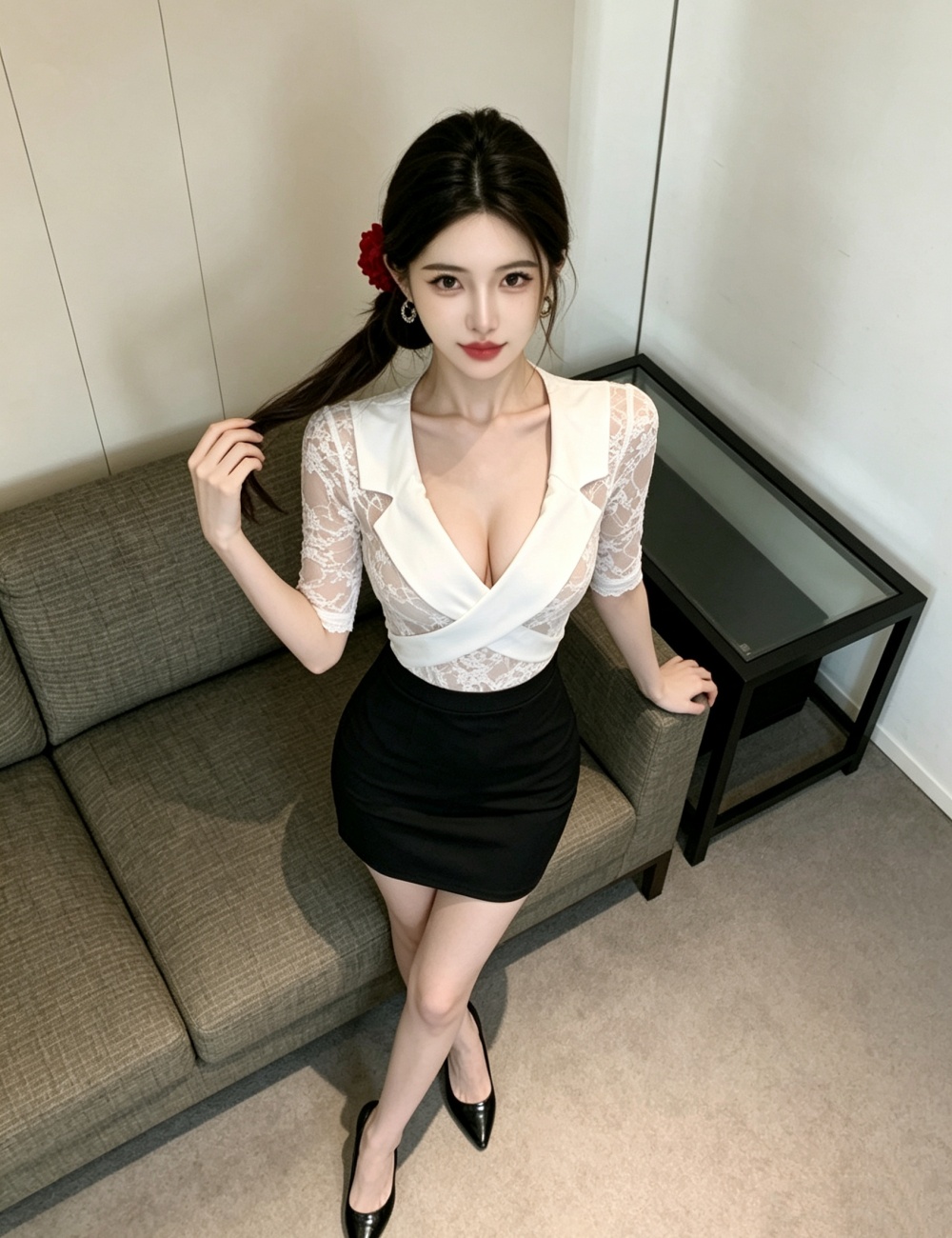 Lace temperament white enticement perspective splice dress