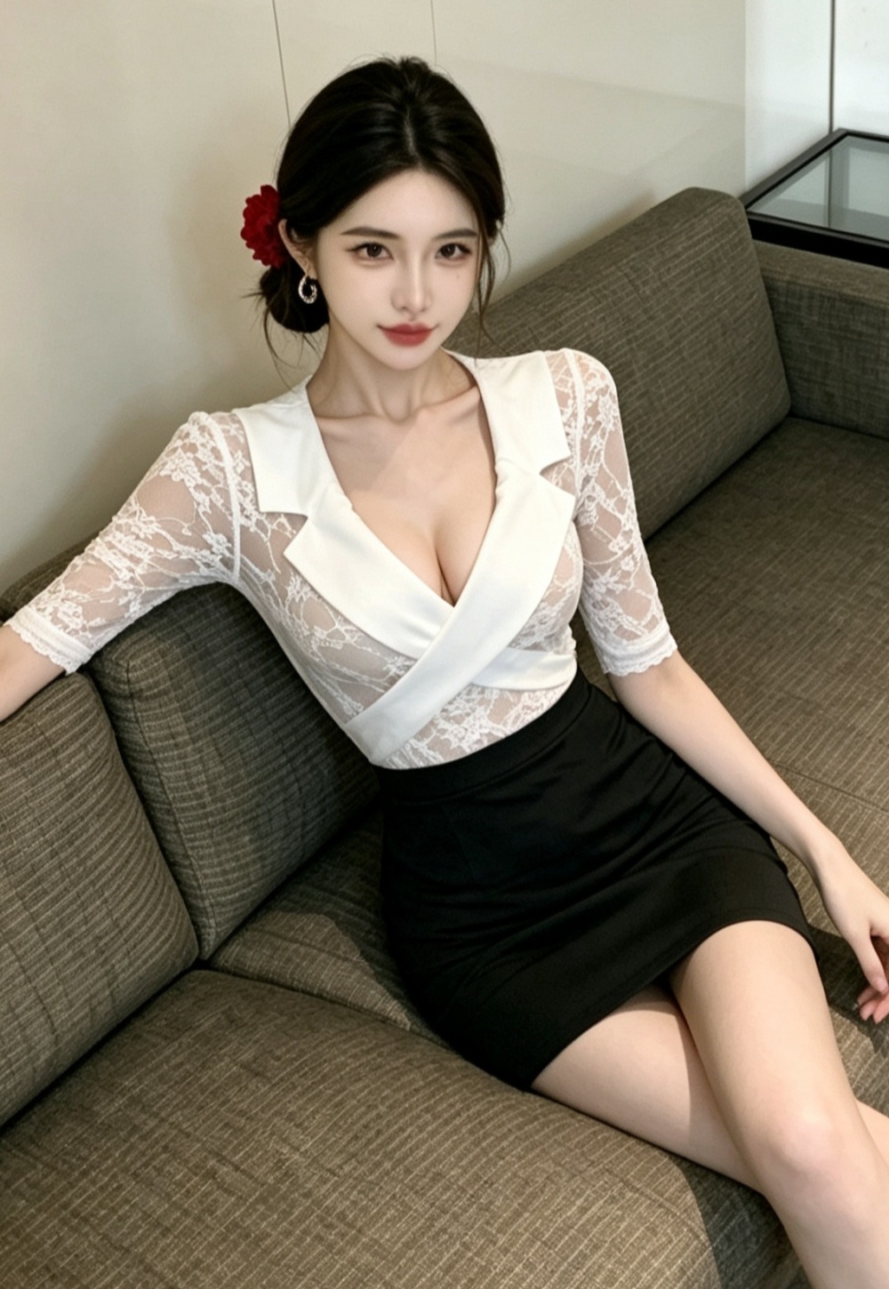 Lace temperament white enticement perspective splice dress