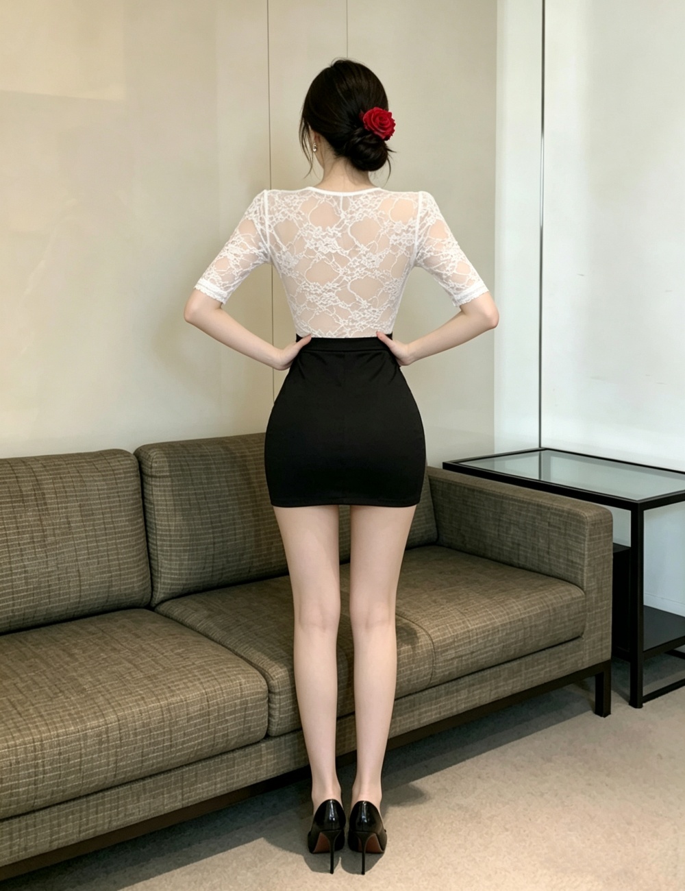 Lace temperament white enticement perspective splice dress