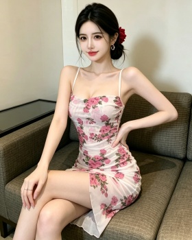 Printing sling perspective sexy enticement split dress