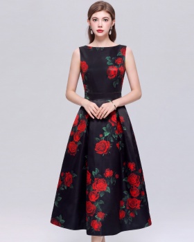 Printing high waist stereoscopic A-line pinched waist dress