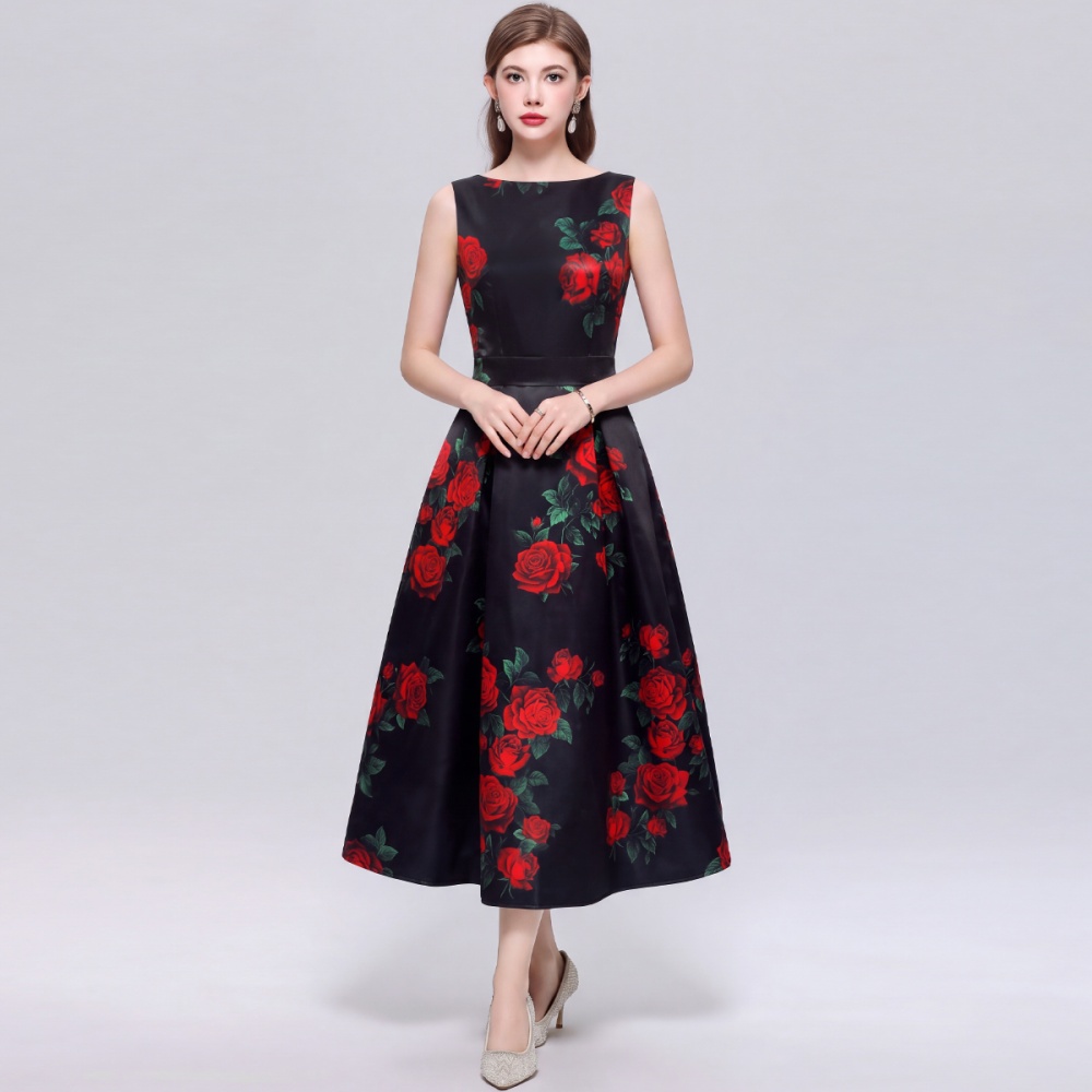 Printing high waist stereoscopic A-line pinched waist dress
