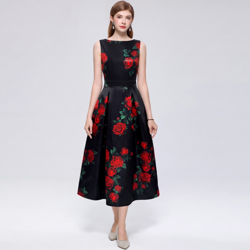 Printing high waist stereoscopic A-line pinched waist dress