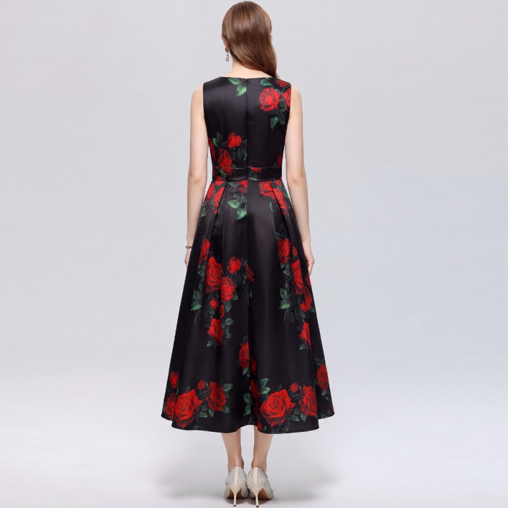 Printing high waist stereoscopic A-line pinched waist dress