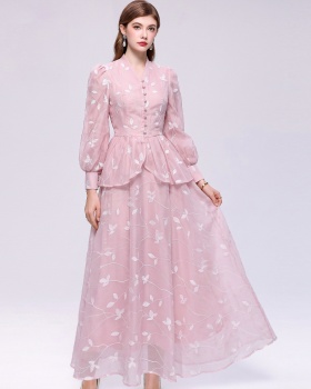V-neck A-line long sleeve France style skirt a set