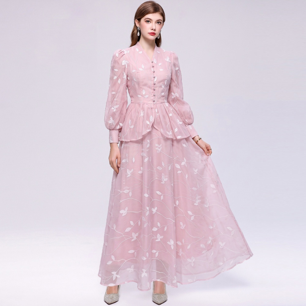 V-neck A-line long sleeve France style skirt a set