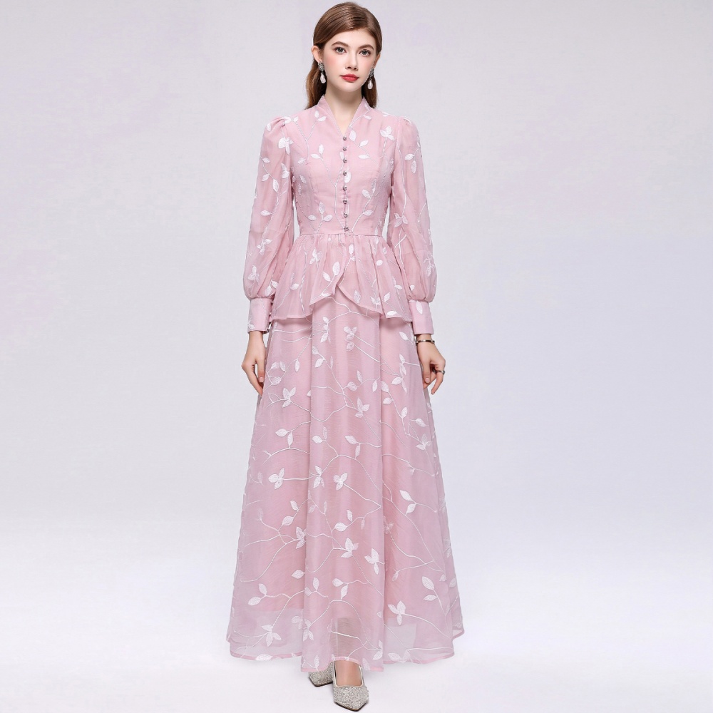 V-neck A-line long sleeve France style skirt a set