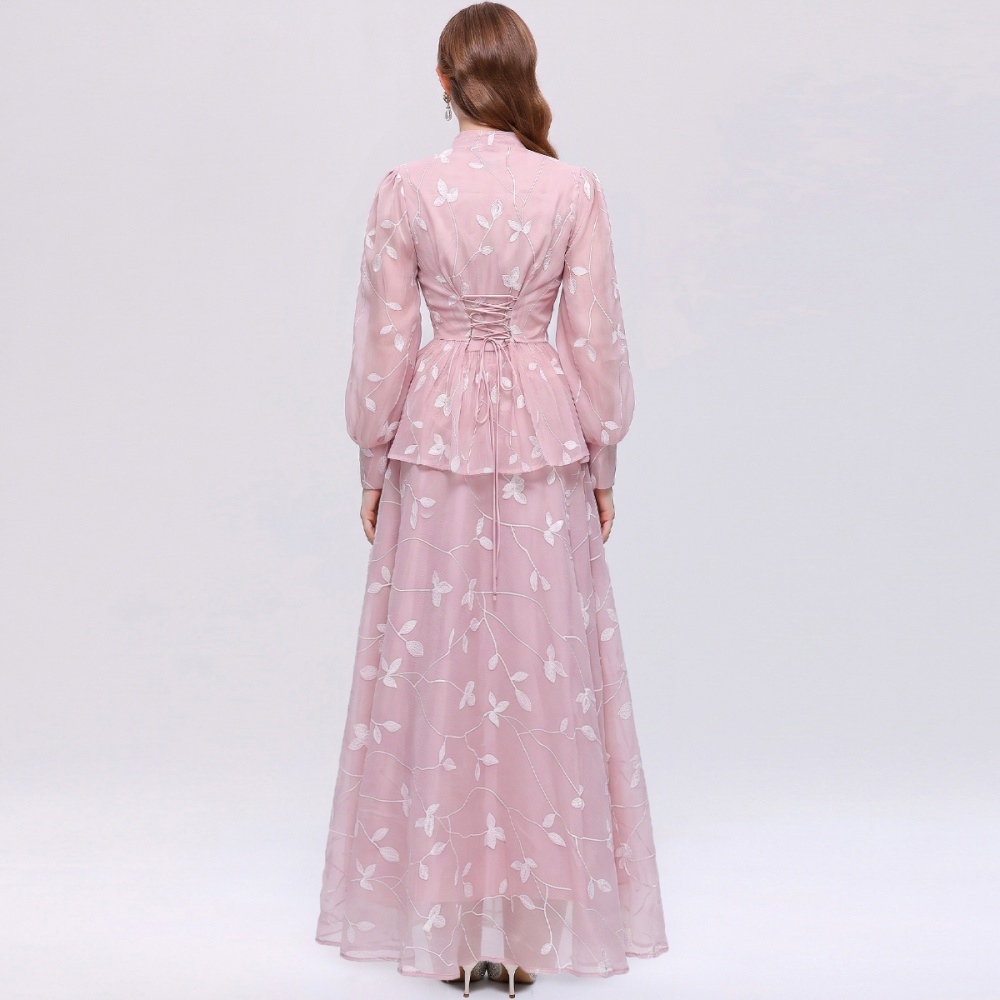 V-neck A-line long sleeve France style skirt a set